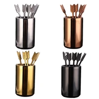 5pcs stainless steel cocktail fruit picks arrow shaped with 1pc small bucket set for fruit cake dessert party bar