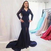 navy blue v neck mermaid dresses for evening banquet lace long sleeves prom gowns sexy front split mother of the bride vestidos