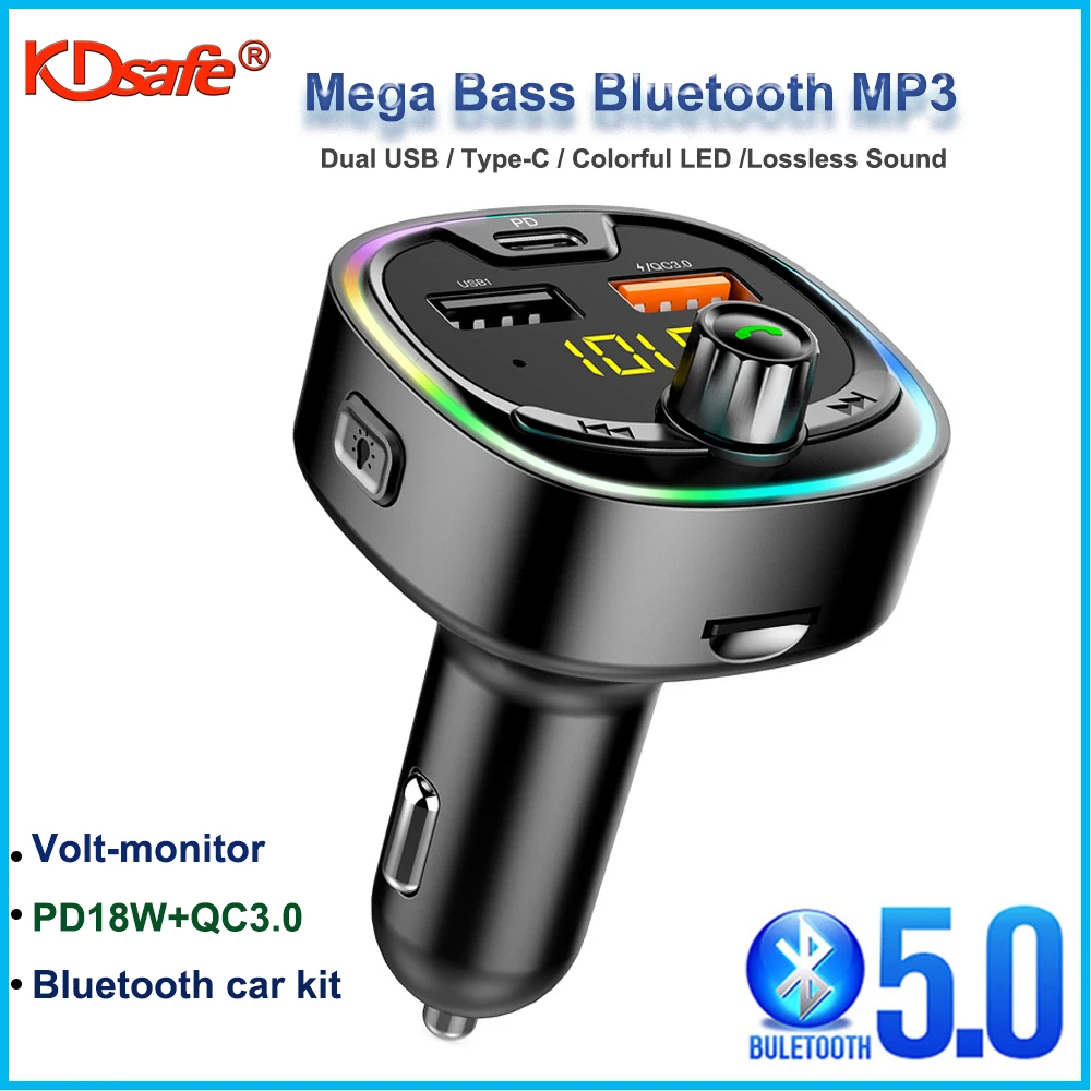 Автомобильный MP3 плеер KDsafe Bluetooth 5 0 FM передатчик PD18W + QC3.0 2 USB порта быстрая зарядка