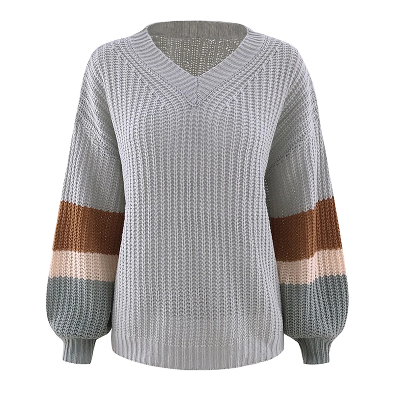 LADY Colorblock Striped Long Sleeve Knitted Sweater V-neck Dropped Shoulder Loose Casual Pullover Autumn Winter Knitwear Jumper | Женская