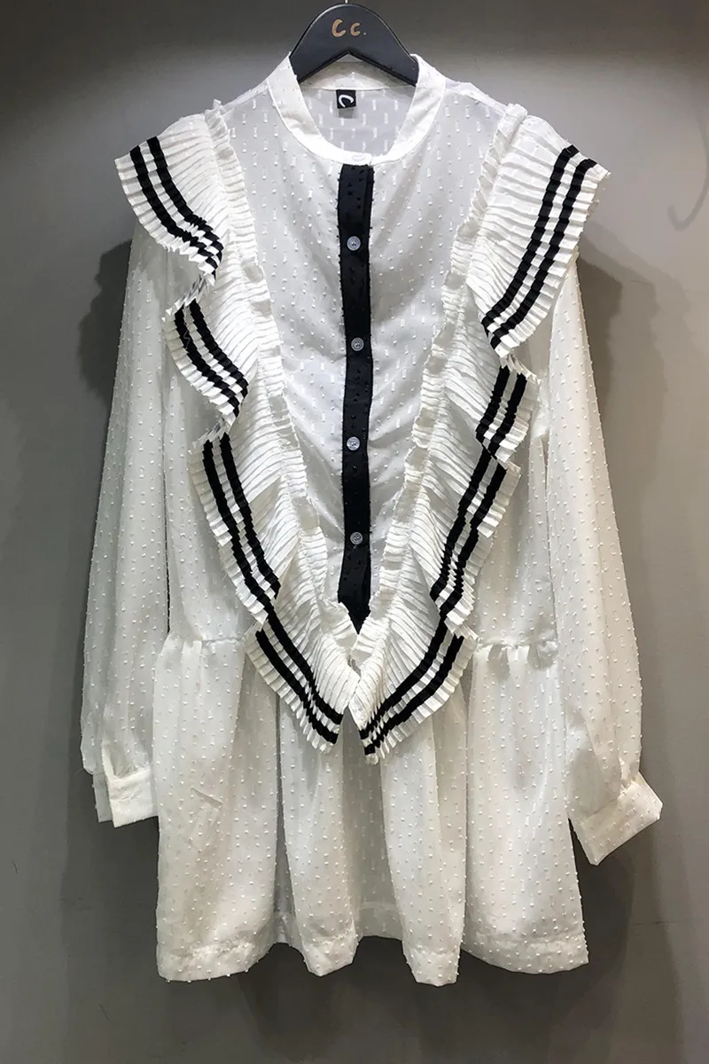 

2021 Summer New Retro Dress White Preppy Style Loose Slimming Shirt Dress for Women Long Sleeve H Line White Female Dress
