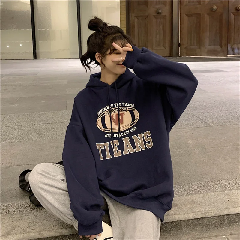 

2021 Japanese Oversize New Couple Hooded Printed Sweater Women Korean Lazy Style Loose Large Size Jacket Fall Winter
