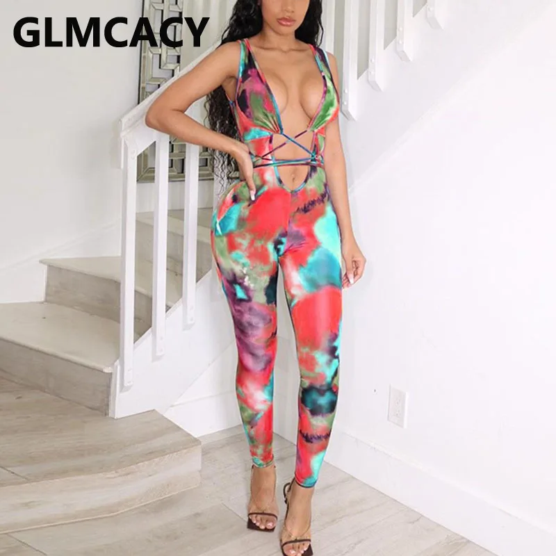 

Women Tie Dye Printed Plunge V-neck Sleeveless Bodycon Skinny Jumpsuits
