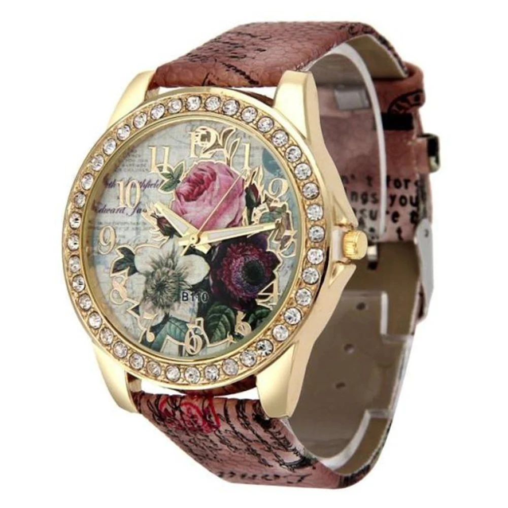 

Boho Colorful Flower Pattern Round Dial Faux Leather Strap Quartz Wrist Watch Fashionable ladies quartz watch Ladies Dress Watch