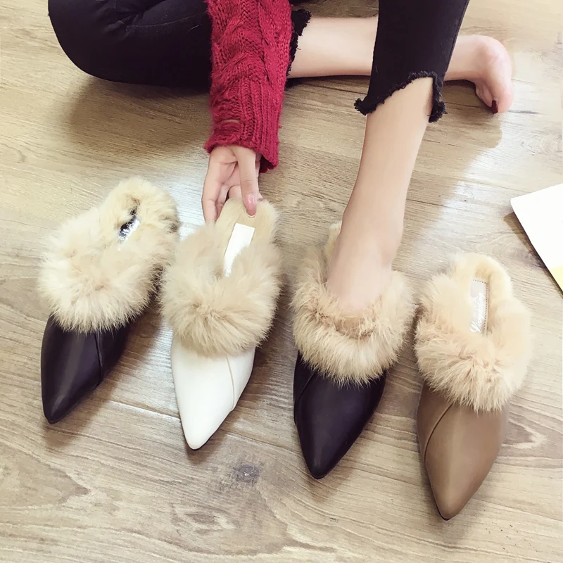 

Pointed Hairy Shoes Women's Fall/Winter 2020 New Fashion Outer Wear Baotou Half Slippers Rabbit Fur Muller Low Heel