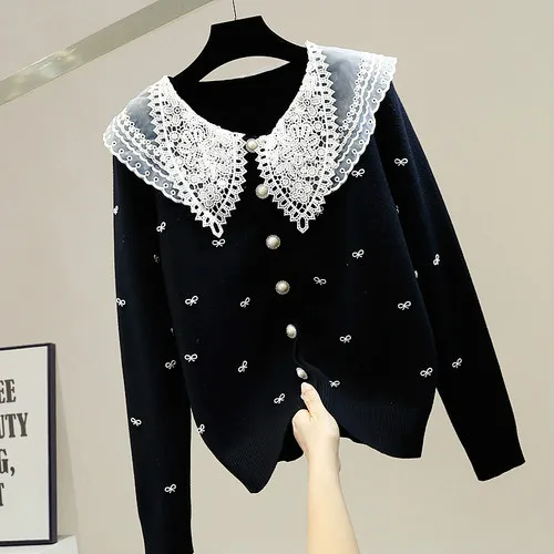 Sweet Lace Doll Large Lapel Cardigan for Women Beads Bow Single-Breasted All-Matching Knitted Sweater Coat Lady Top