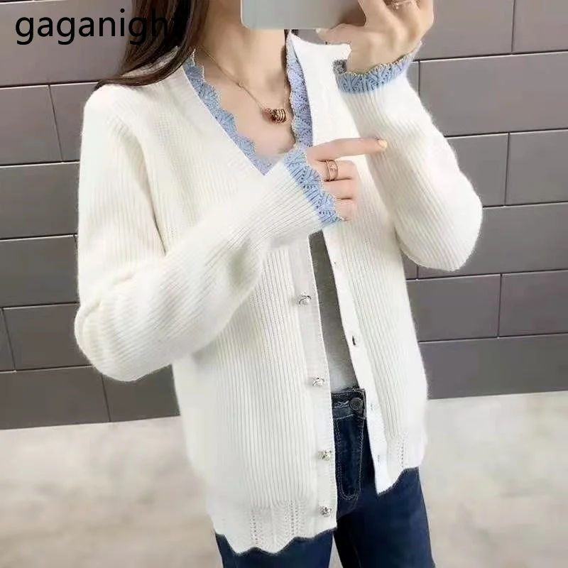 

Gaganight вязаный женский милый кардиган осень-зима кавайная японская Верхняя одежда Топы с длинным рукавом модные кружевные кардиганы однотон...