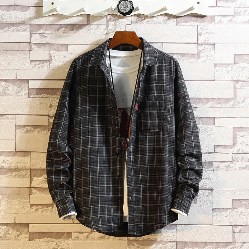 

2020 Autumn and winter long-sleeved frosted plaid casual cotton men's shirts Korean edition slim large shirt for men