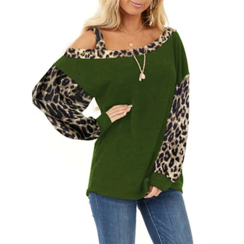

2021 Plus Size Women Off Shoulder Leopard Patchwork Tshirt Autumn Thin Long Sleeve T-Shirt Female Skew Collar Pullover Tee Tops