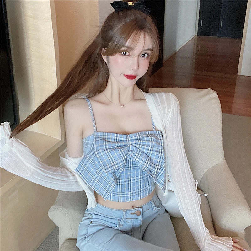

Zaraing 2021 The New Sexy Bow Decoration Japanese Style Spring And Summer Lattice Ladies Sling Top