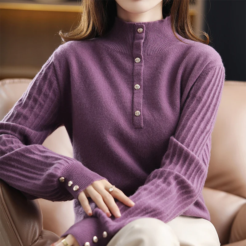 

100% Pure Wool Sweater Ladies Stand-up Collar Pullover Fashion Slim Knit Tops Autumn and Winter Long-sleeved Female Jackets Warm