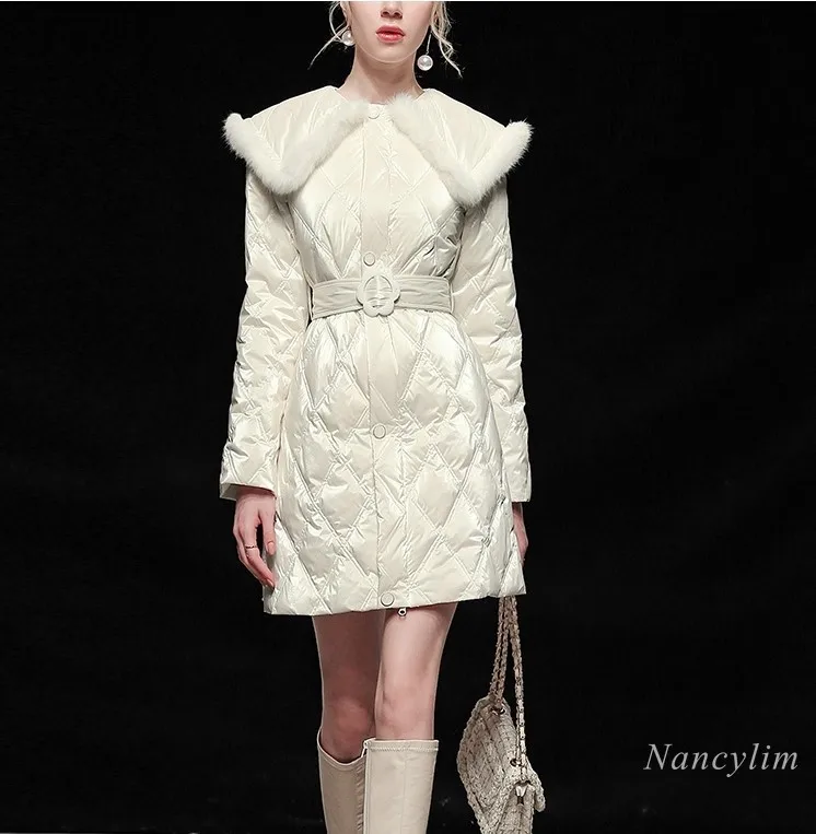 

Winter Coat Pop Women's Clothing Fashion Lapel Waist Tie Slimming and Warm White Duck Down Nice