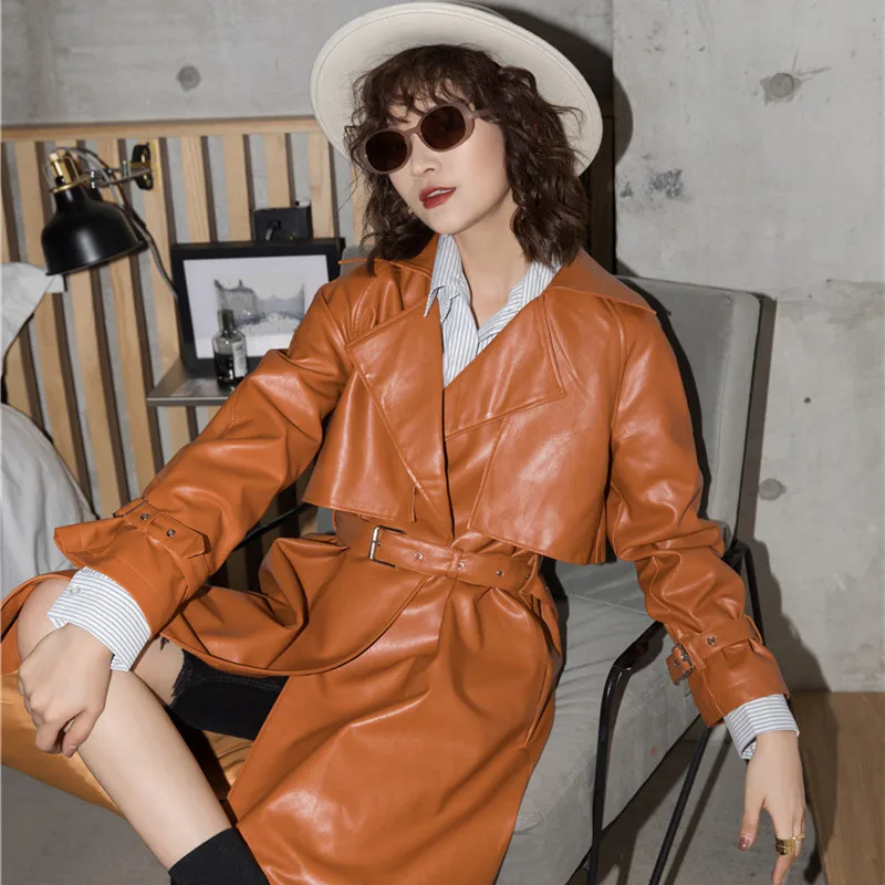 

MyZyQg PU Women Leather Jacket Yellow Waist Belt Long Jackets Female Turn Down Collar Motorcycle Biker Coats Streetwear