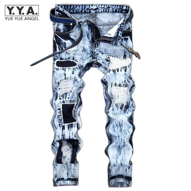 

Sale Hot Mens Punk Jeans Distressed Hole Trousers For Man Patchwork Light Blue Male Jeans Washed Zipper Fly Homme Denim Pants