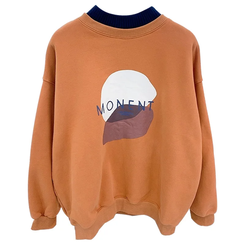 

2021 New Winter Women's Stand Collar Plus Velvet Loose Casual Pullover Sweatshirt Students Simple Fleece Hoodie Tops