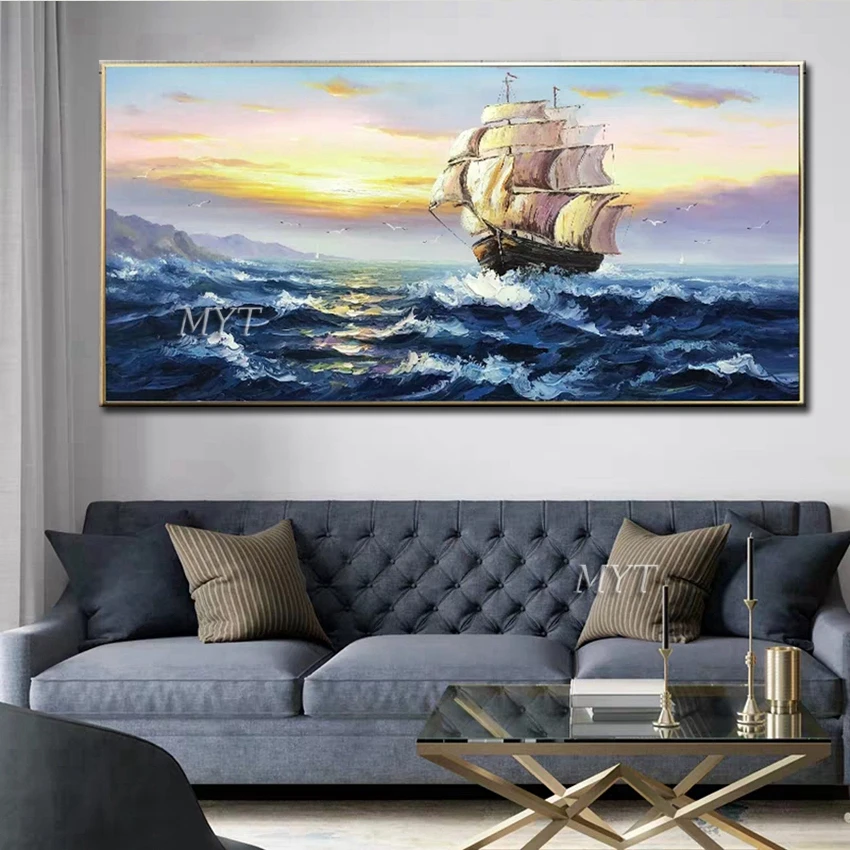 

Sea Sailing Boat Wall Art Hand-painted Sunset Oil Painting Seascape Canvas Wall Pictures Paintings Art Home Decoration Artwork