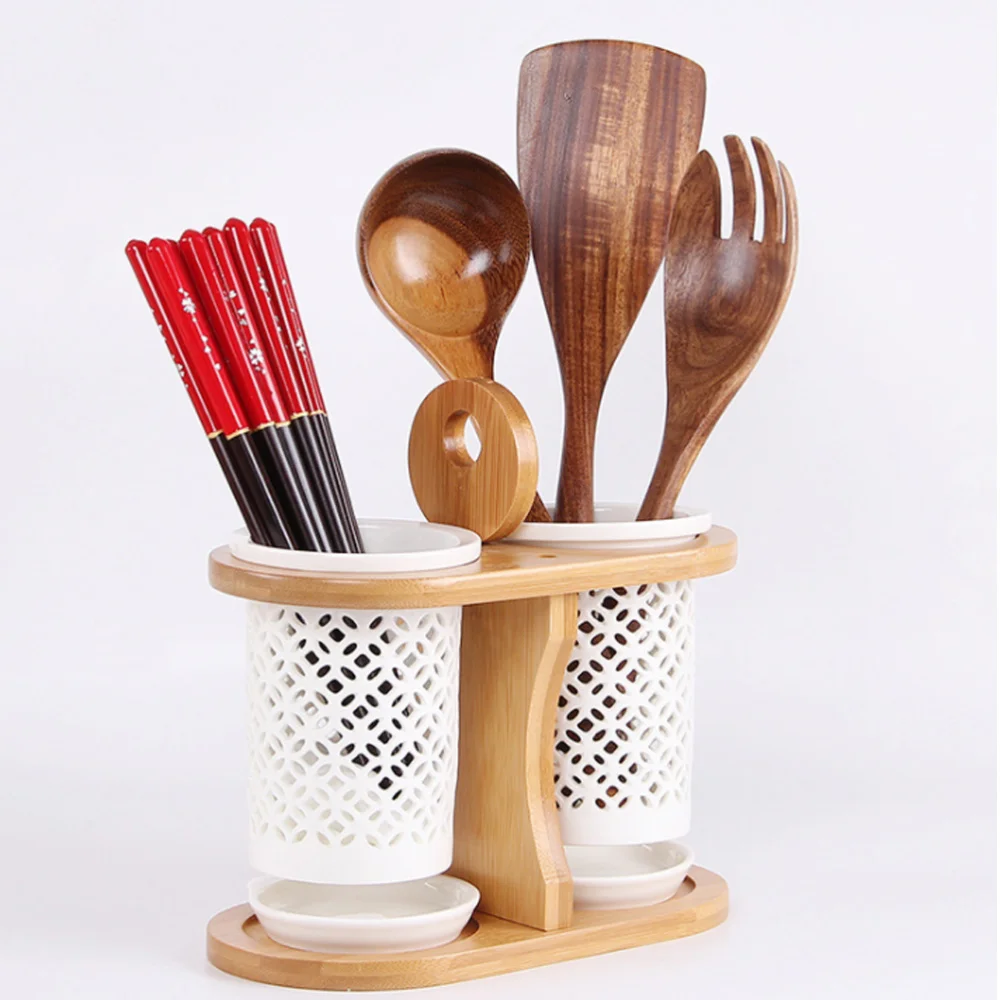 

1pc Chopstick Drain Rack Bamboo and Wood Ceramic Chopsticks Holder Rack Double-row Cutlery Storage Box for Home (Ellipse Style a