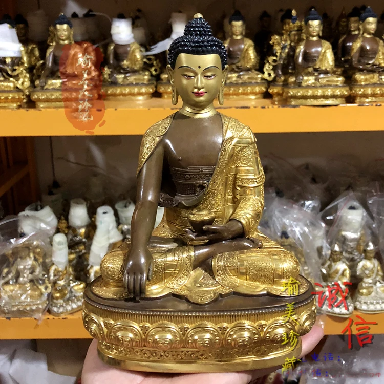 

21 см большой # 5A добрый Будда домашний семейный храм Индия Непал Тибет буддизм Золотая позолота Шакьямуни, татхагата статуэтка Будды из лату...