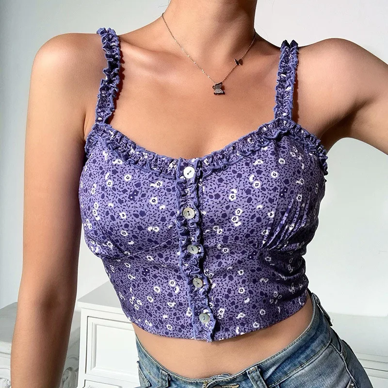 Женский однобортный Топ на бретелях спагетти фиолетовый топ с цветочным принтом