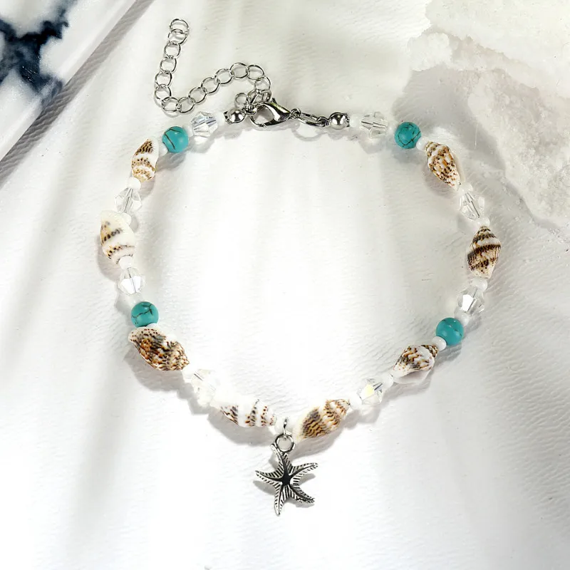 

Women Fashion Conch Starfish Pendant Shell Crystal Beads Ankle Bracelets Summer Beach Foot Jewelry Anklets