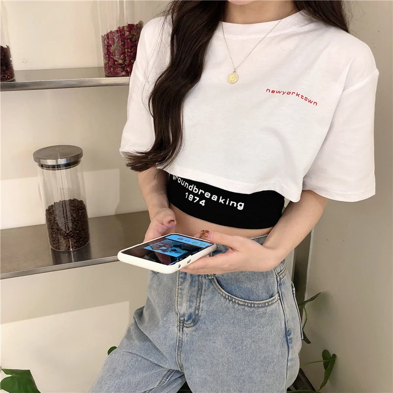 

Футболка женская Y2K из 100% хлопка, кроп-топ, пикантная укороченная майка в стиле харакудзю, черно-белая, с надписью, 1974