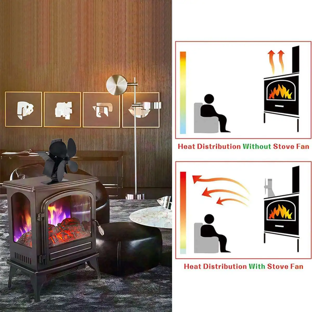 

5 Blades Black Fireplace Heat Powered Stove Fan Log Wood Burner Quiet Home Fireplace Fan Efficient Heat Distribution