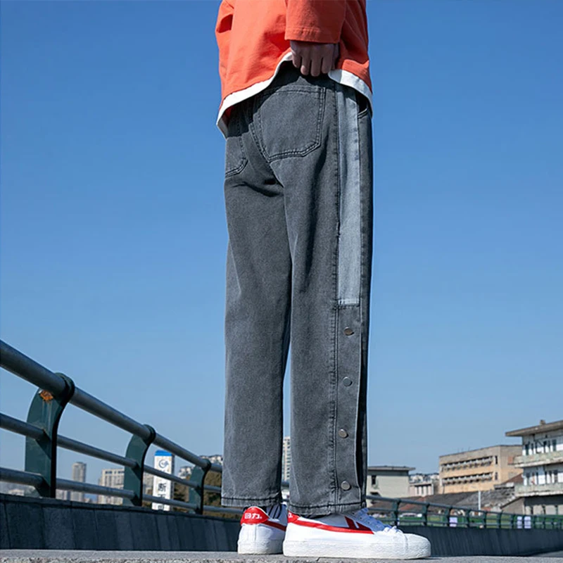 

Men Summer Jeans Mid-waist Casual Youth Ankle Length Pants Male Straight-leg Pants Korean Mens Wide-leg Patchwork Denim Trousers