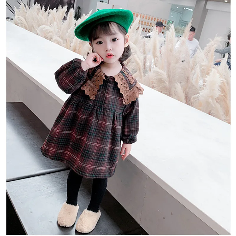 

DFXD Autumn Winter Baby Girls Retro Plus Velvet Princess Dress Lace Turn Down Collar Plaid Kids Party Dress Kids Costume Vestido