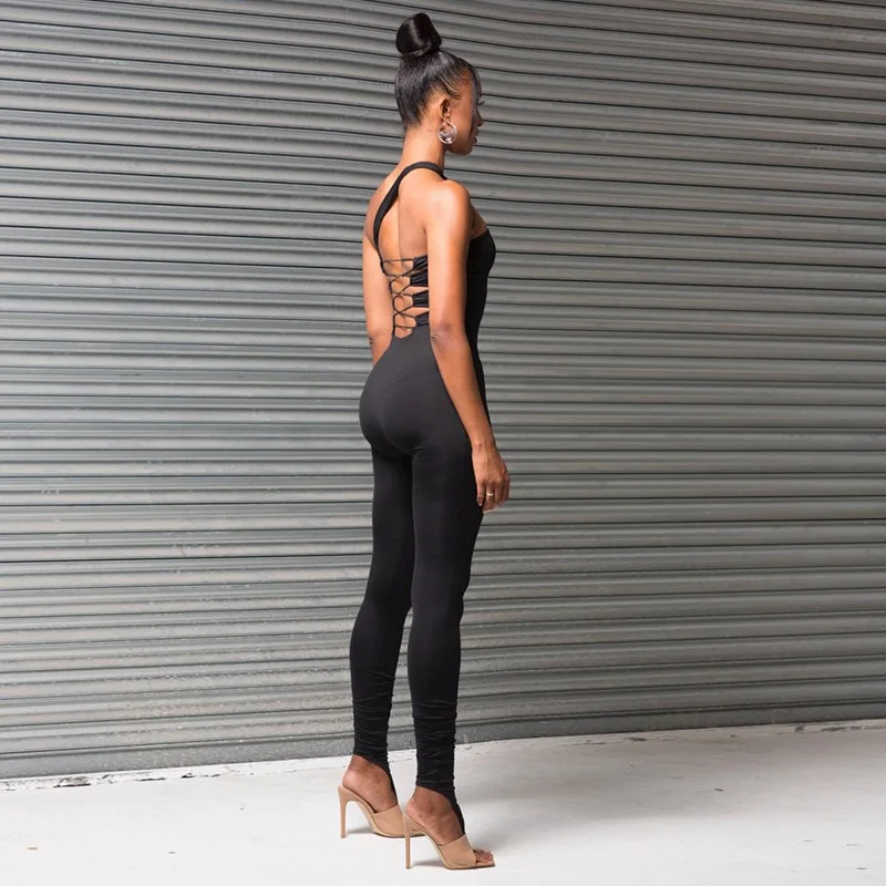 Summer Women Sexy Backless Jumpsuit Clubwear Outfits Black One Shoulder Jumpsuits Female Hollow Out Bodycon Jumpsuit