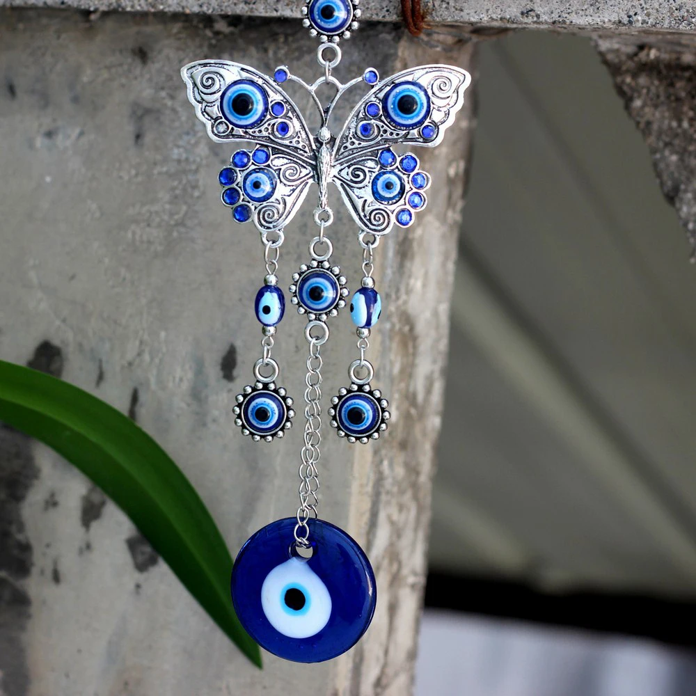 

Wind Chimes Turkey Evil Eye Pendants Amulet Home Wall Hanging Decor Blessing Protection Gift Dream Catcher Blue Rhinestone
