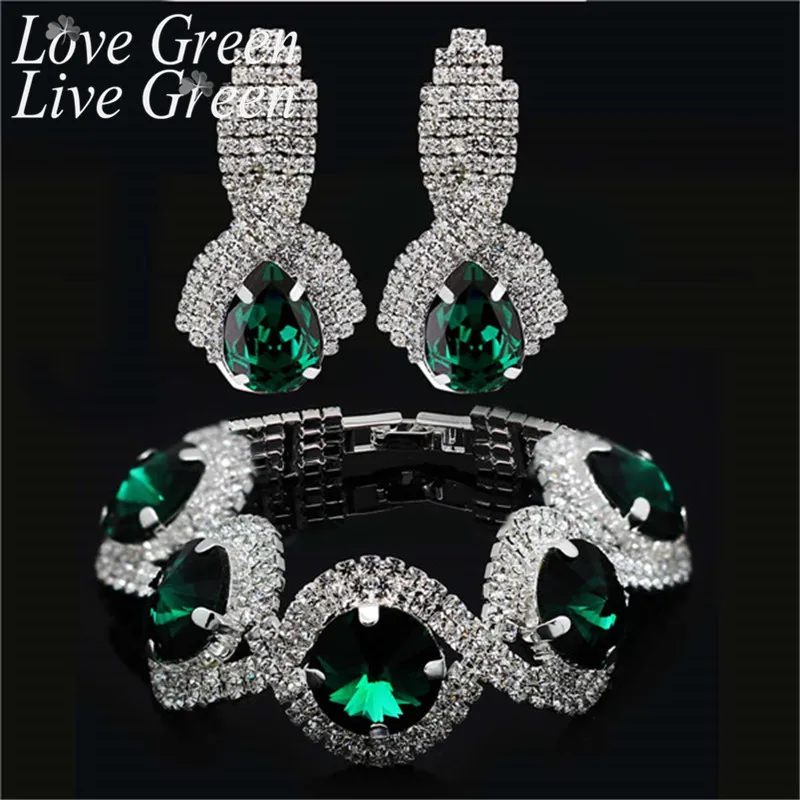 

Full Shine Zircon Round Crystal Jewelry Sets Green Earring With Bangle Bridal Rhineston Costum Jewelri For Women Wedding Gift