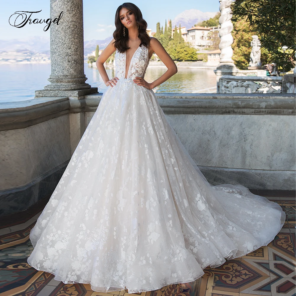 

Traugel Sexy Backless O-Neck A Line Lace Wedding Dresses Delicate Applique Sleeveless Court Train Bridal Gowns Plus Size
