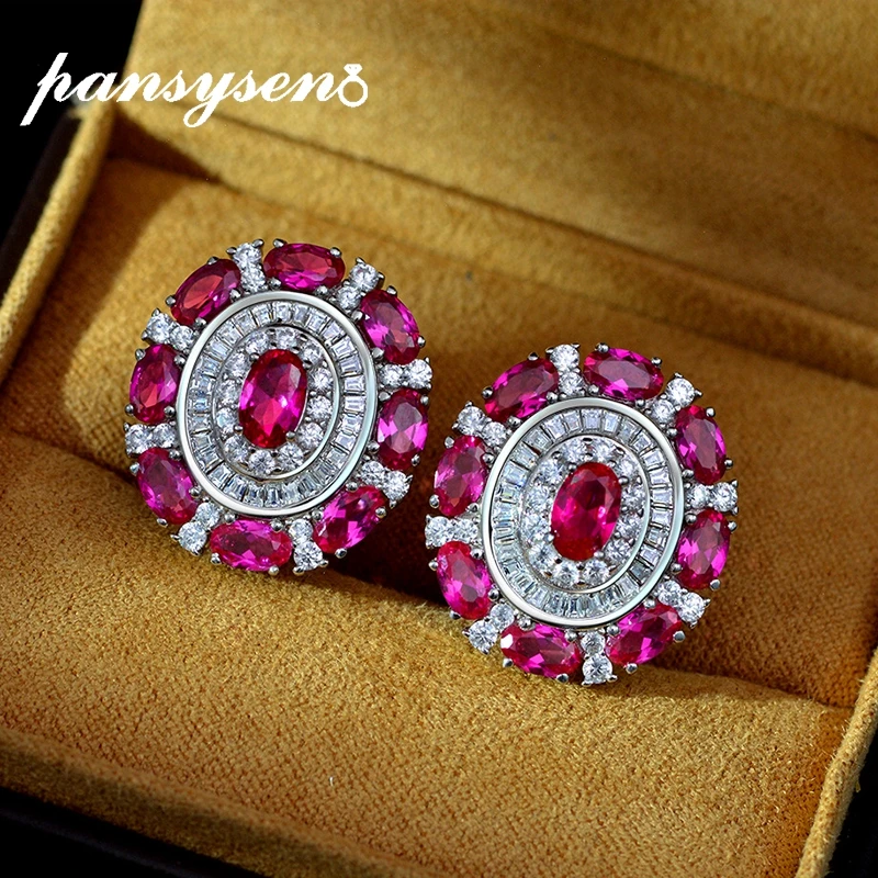 

PANSYSEN 100% 925 Sterling Silver Oval Ruby Created Moissanite Gemstone Women Stud Earrings Wedding Ear Fine Jewelry Wholesale