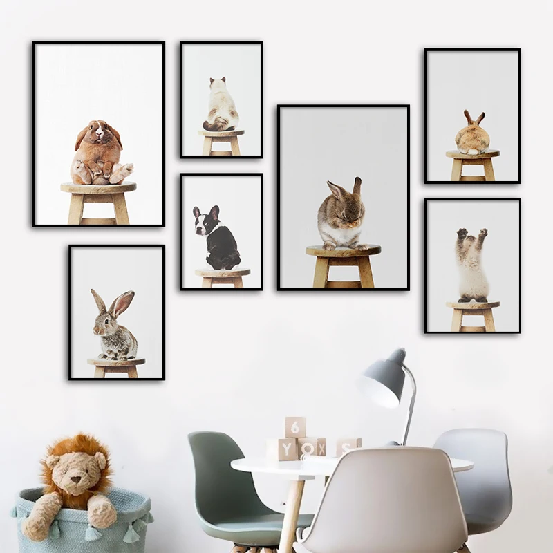 Nursery poster Cute Baby Animal Stand On Chair Poster Rabbit Dog Cat Canvas Painting Nordic Picture Kidsroom Decor Unframed | Дом и сад
