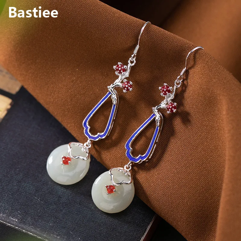 Bastiee Plum Blossom Flower 925 Sterling Silver Drop Earrings Luxury Jewelry For Women Dangle Earings Round Jade