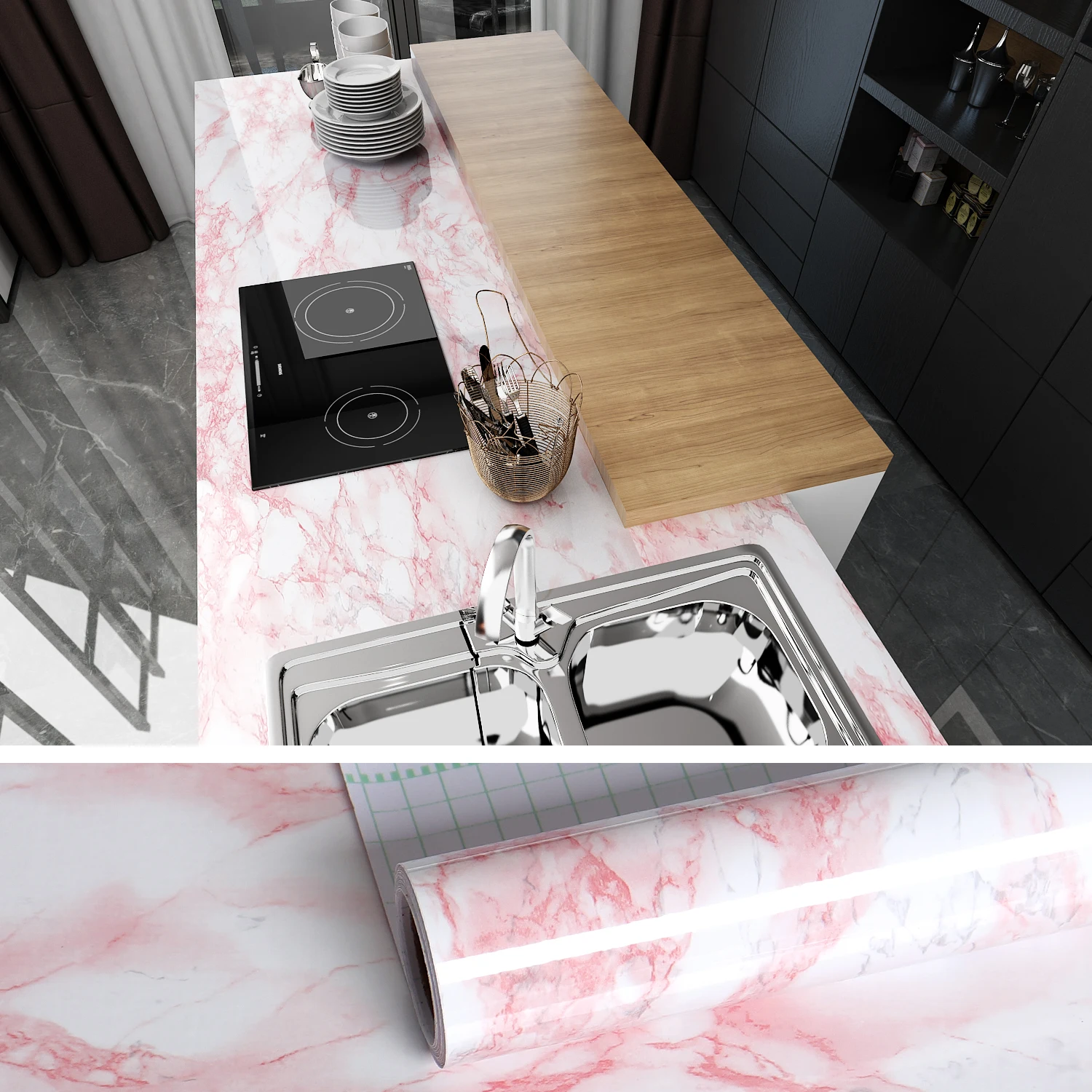 

Pink Marble Self Adhesive Wallpapers Stick and Peel Stickers Removable Waterproof Wall Covering Table Countertop Cabinet Drawer