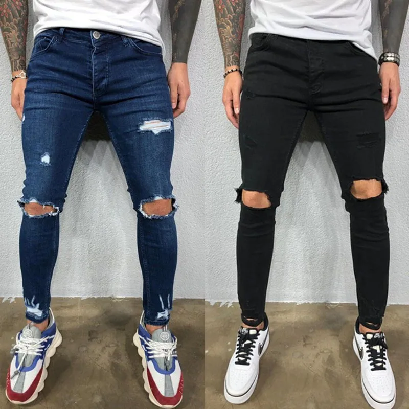 

Men Jeans Black Blue Cool Skinny Knee Hole Ripped Stretch Slim Elastic Denim Pants Solid Color High Street Style Trousers Man