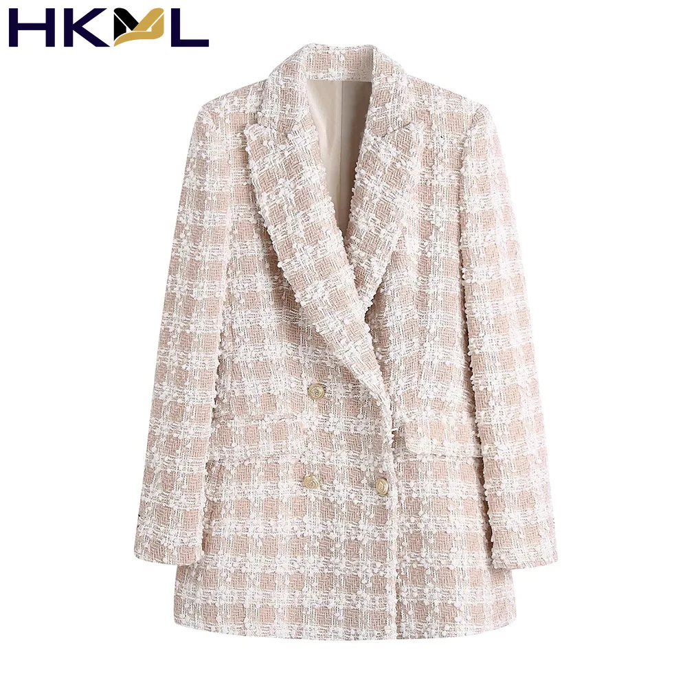 

Women Blazer Coat Long Sleeve Flap Pockets Tweed Double Breasted Outerwear Chic Fashion Coat