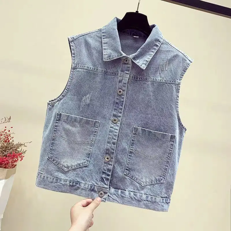

Spring Autumn Fashion Women Sleeveless Vest Jacket Cropped Women's Denim Vest Plus Size Female Clothing Chaleco Mujer Y451