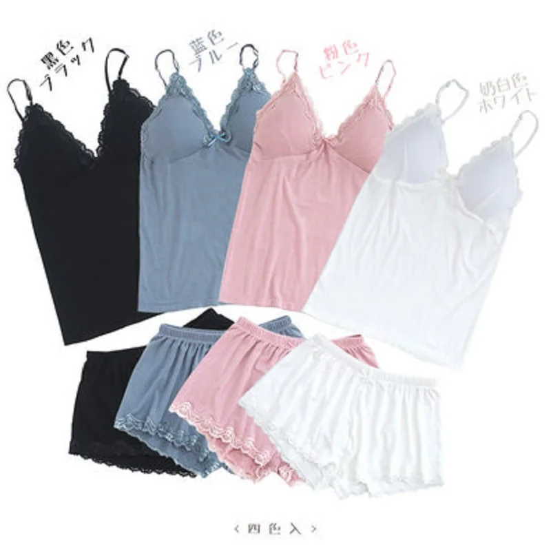 Daeyard Two Piece Cotton Pajama Set Sexy Lace Cami And Shorts Pyjamas Sleepwear Modal High Elastic Pijama Nightie Home Clothes