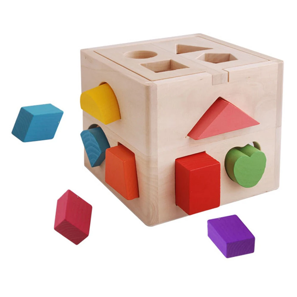 

Деревянная развивающая коробка с 13 отверстиями, когнитивные совпадения, 3D Строительные блоки, форма Обучающие игрушки-пазлы для детей, обуч...