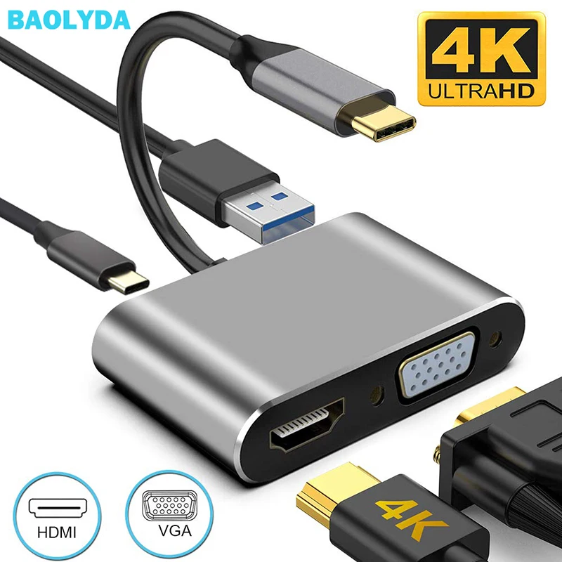 Baolyda USBC концентратор 4в1 USB C к HDMI 4K VGA 3 0 PD зарядка Thunderbolt адаптер для Mac/nintendo