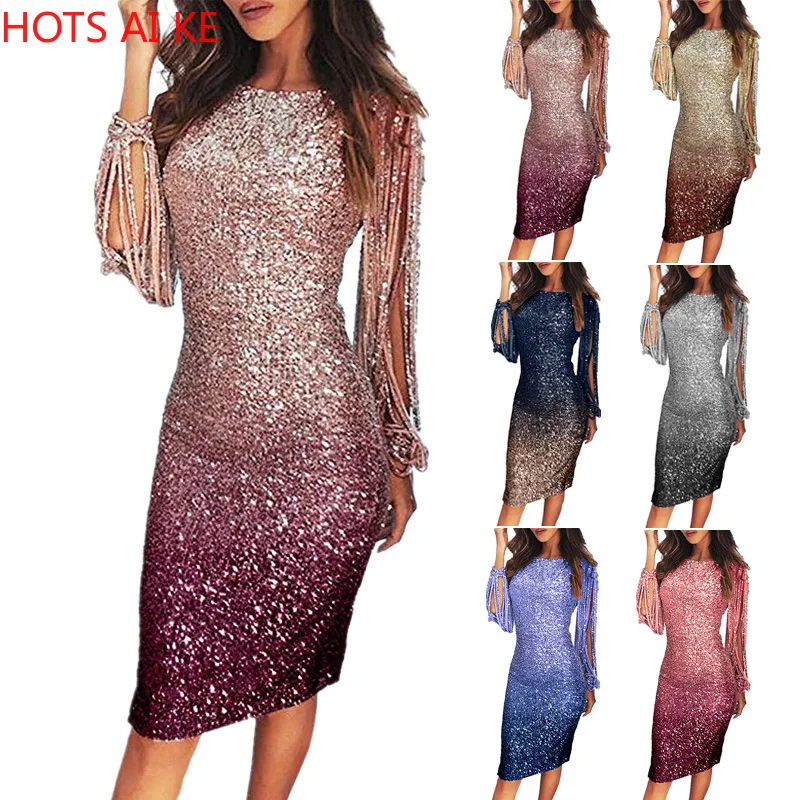 

Shiny Women Sequin Dress Gradient Tassel Clothing Fringed Party Dress Split Sleeves Sukienka Bodycon Midi Dress Party Night 2021