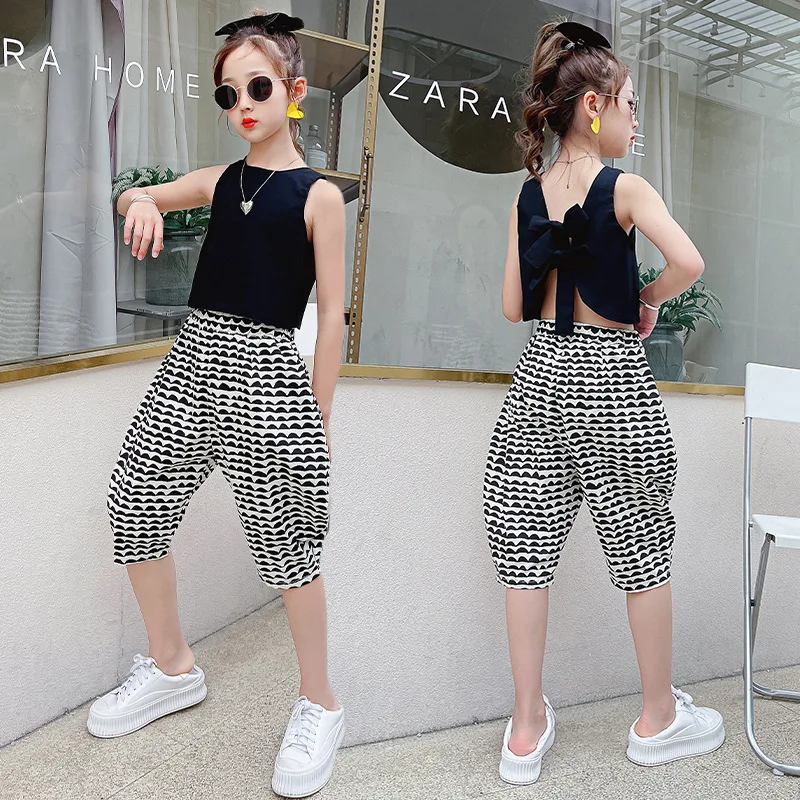 Лето 2021 жилет для девочек комплект с бантом модные корейские шаровары без