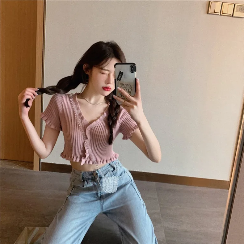 

Summer Autumn Women Korean Fashion Sexy Open Front Button Up Knitting Cardigan Crop Top Short Sweaters Single Breast