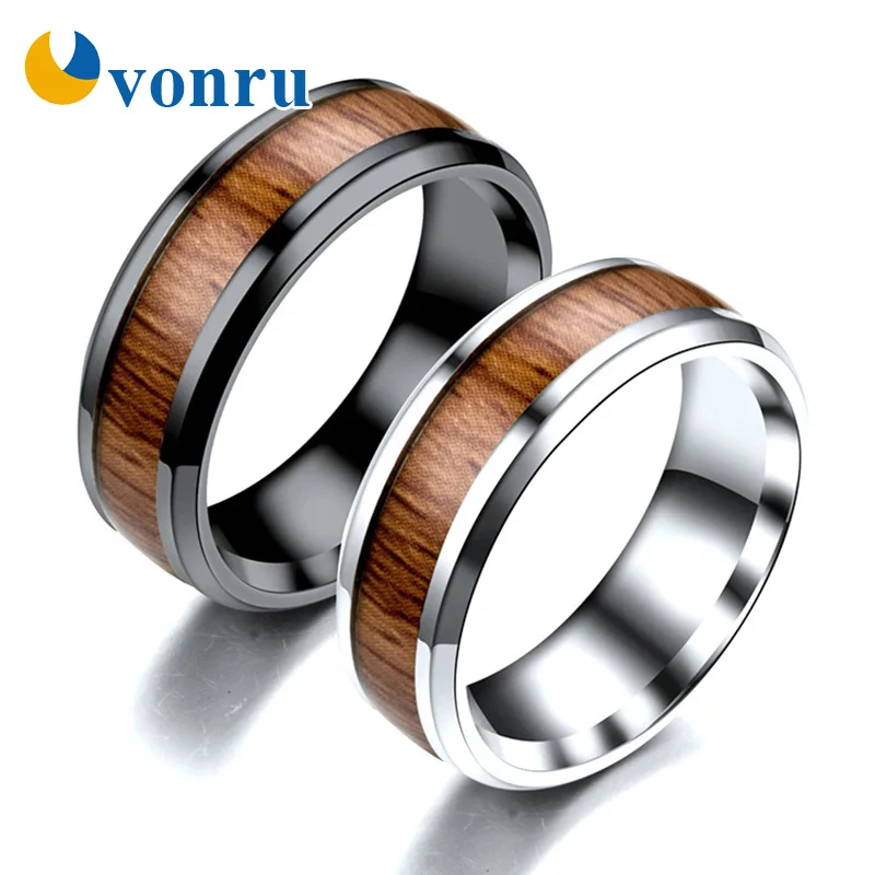 Черное мужское кольцо с деревянной инкрустацией кольца из нержавеющей стали 8 мм