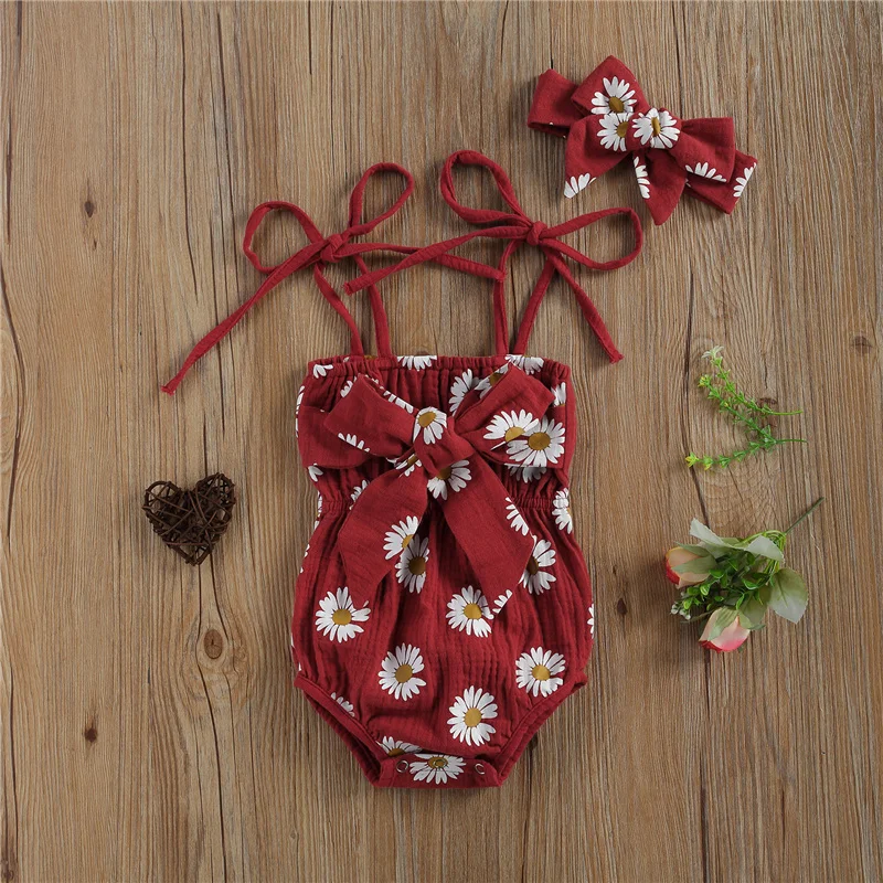 

2pcs 0-2Years Baby Girls Cotton Clothes Sets,Summer Daisy Floral Printed Tie Up Spaghetti Straps Bowknot Romper with Headband