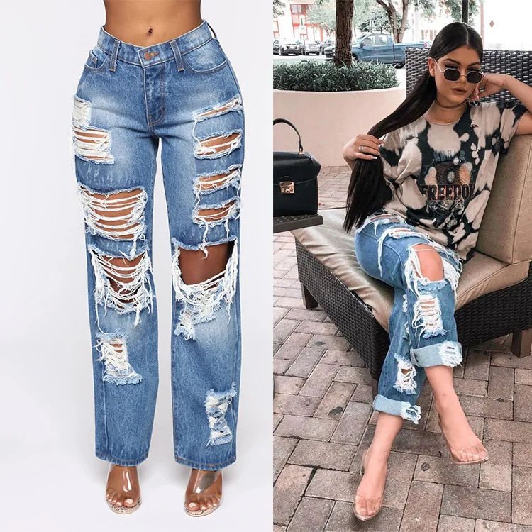 

KALENMOS Ripped Jeans Women Denim Overalls Pants Loose Autumn Jumpsuits Pantalones Vaqueros Mujer Baggy Jean High Street Trouser