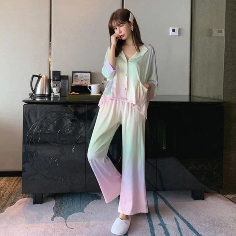 

Korean Pajamas for Women Spring and Summer Silk Pyjamas Colorful Pijamas Lapel Loose Sleepwear Two Piece Sets Home Suit