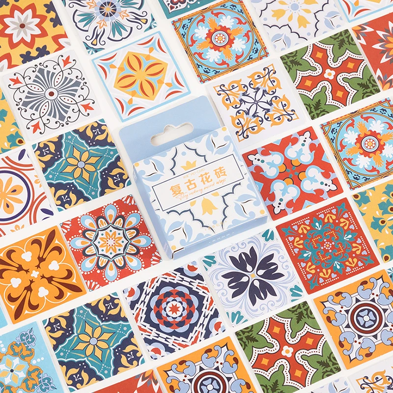 

46Piece loral pattern ethnic style pattern Boxed stickers retro tiles self-adhesive account diary decorative seal handmade 4CM